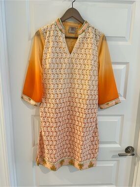 Indian Embroidered Kurta Tunic Partywear Orange White Size M US 40 IN